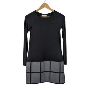 Bailey 44 Dress Small Black Gray Knit Woven Long Sleeve Crew Neck Shift Mini